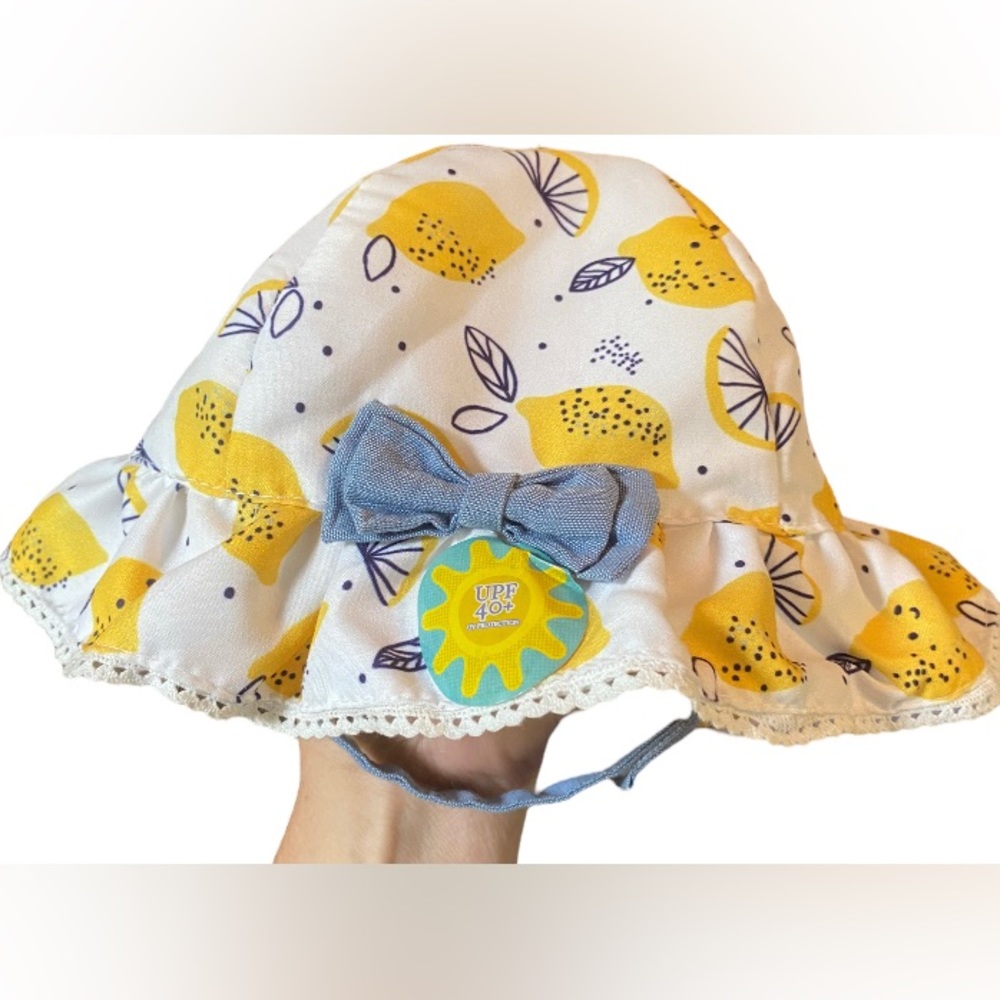 NWT Little Me lemon print infant baby sunhat UPF 40+ Velcro chinstrap - Sz 3-9M
